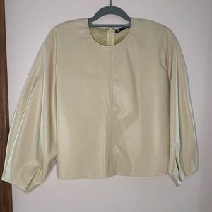 Zara Faux Leather Bubble Sleeve Top in Cream Beige Nude Size M